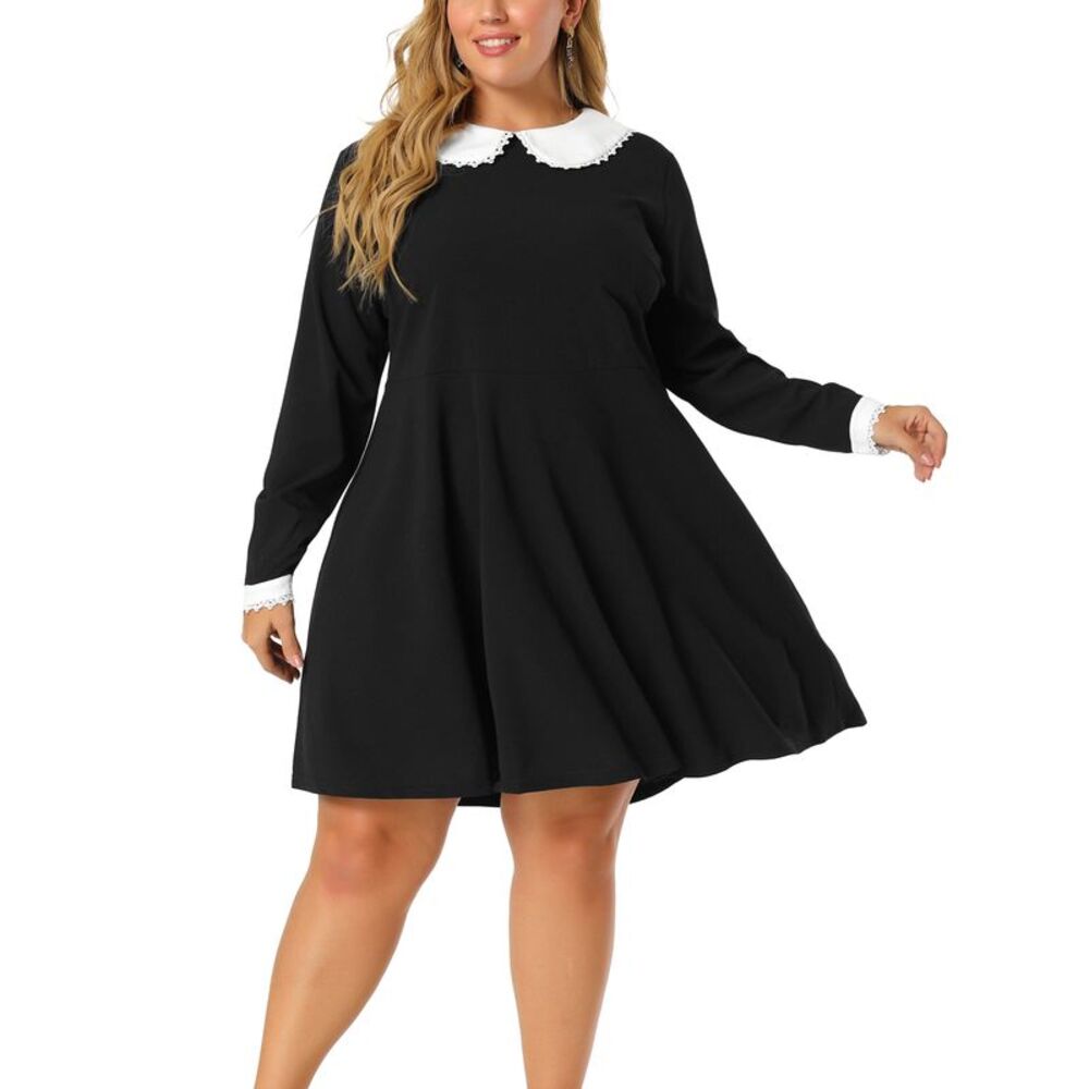 Plus Size Women Long Sleeve Doll Collars Peter Pan Aline Flare Midi Dress Black